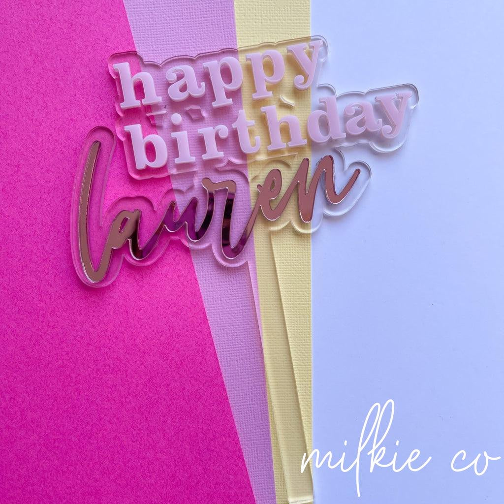 Baby Pink Happy Birthday Name Cake Topper