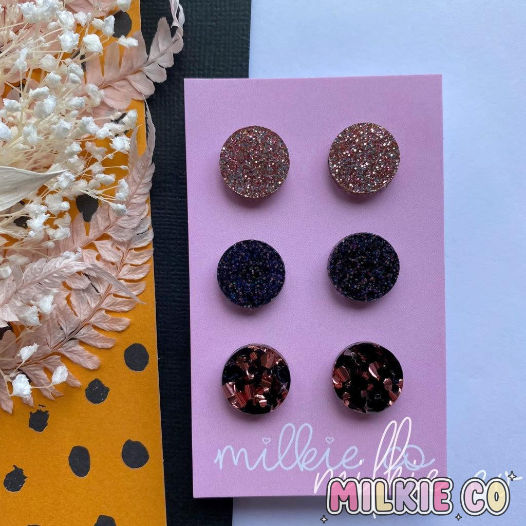 Black &amp; Rose Gold Trio Studs - Milkie Co