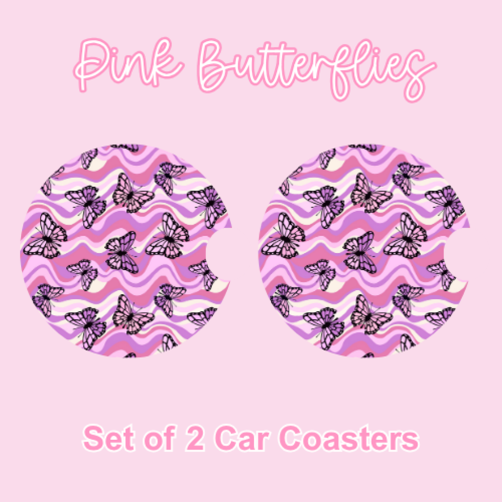 Car Coasters (2pcs) Pink Butterflies