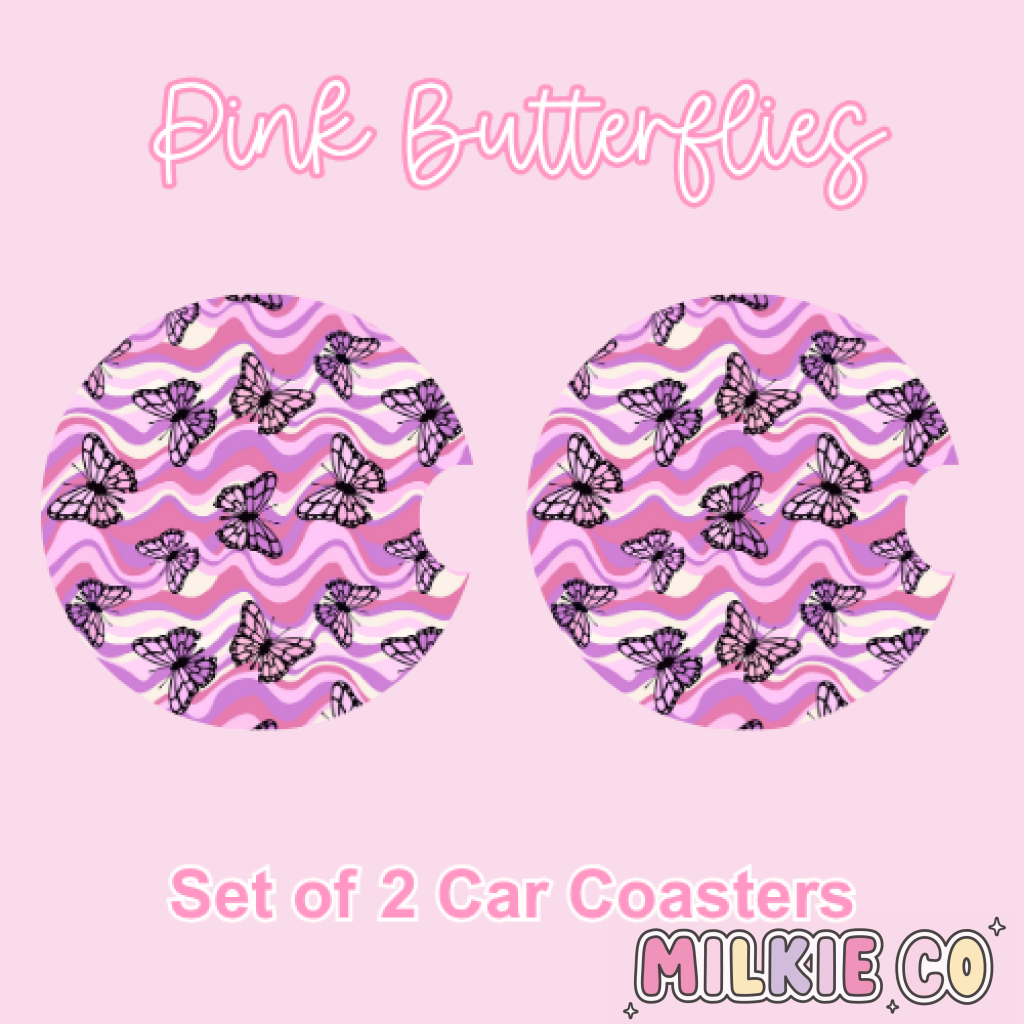 Car Coasters (2pcs) Pink Butterflies